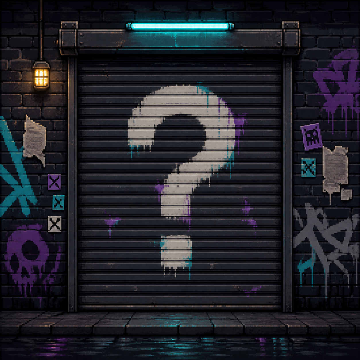 Graffiti-covered roller shutter hiding your unrevealed Modern Punk